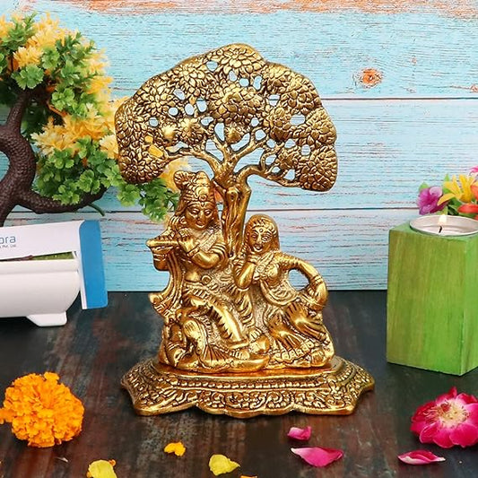 Oxidized Metal Radha Krishna Sitting Under Tree Idol Showpiece for Pooja