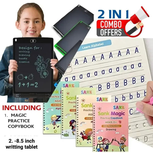 Set of 4 Magic Practice Books + 1 Pen + 10 Refills + 1 Grip +(Free lcd writing tablet)